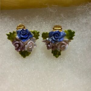 Floral Porcelain Earrings with Blue and Purple Roses